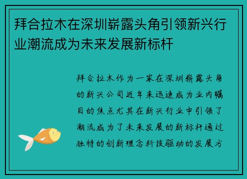 拜合拉木在深圳崭露头角引领新兴行业潮流成为未来发展新标杆